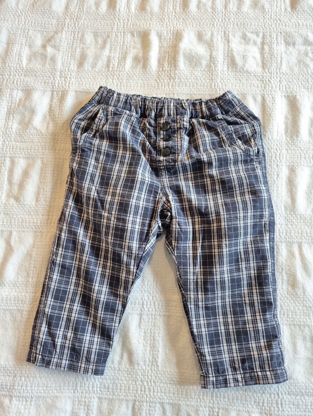 Wheat boys size 6 months jersey lined blue plaid pants VGUC